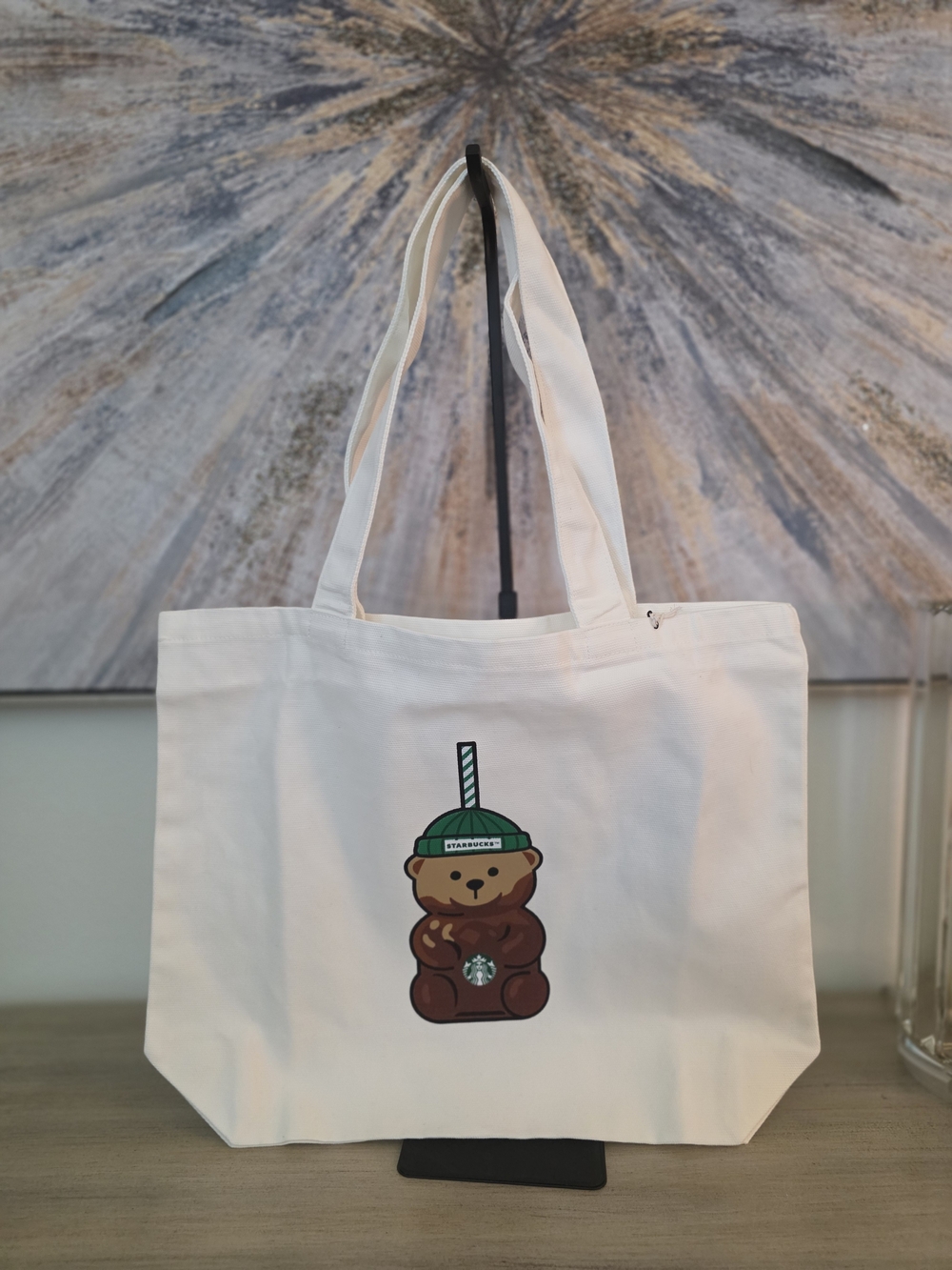 Starbucks White Tote with Brown Bear Drink Graphic NWT